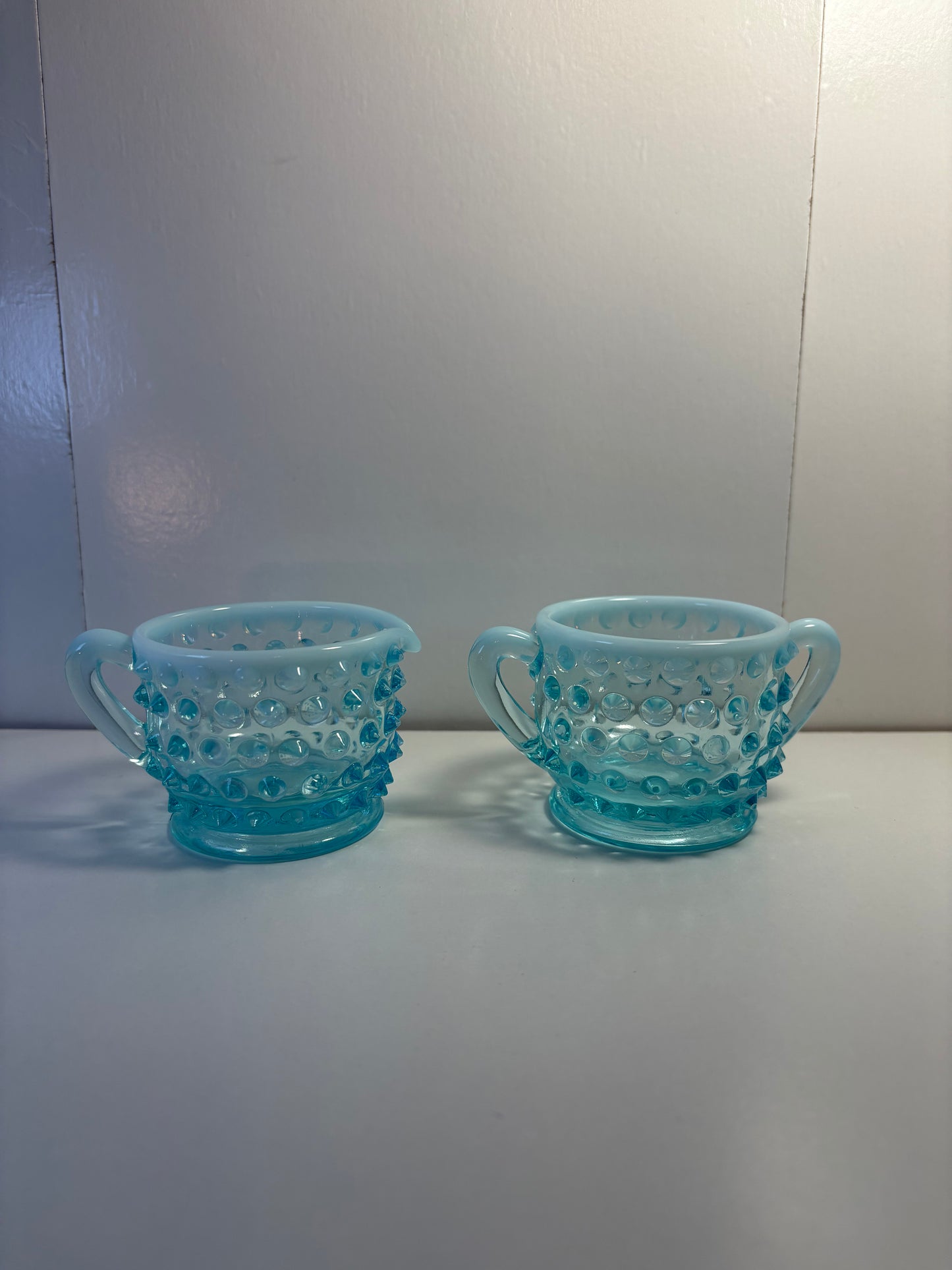 Vintage Fenton Blue Opalescent Hobnail Small Creamer and Sugar Set