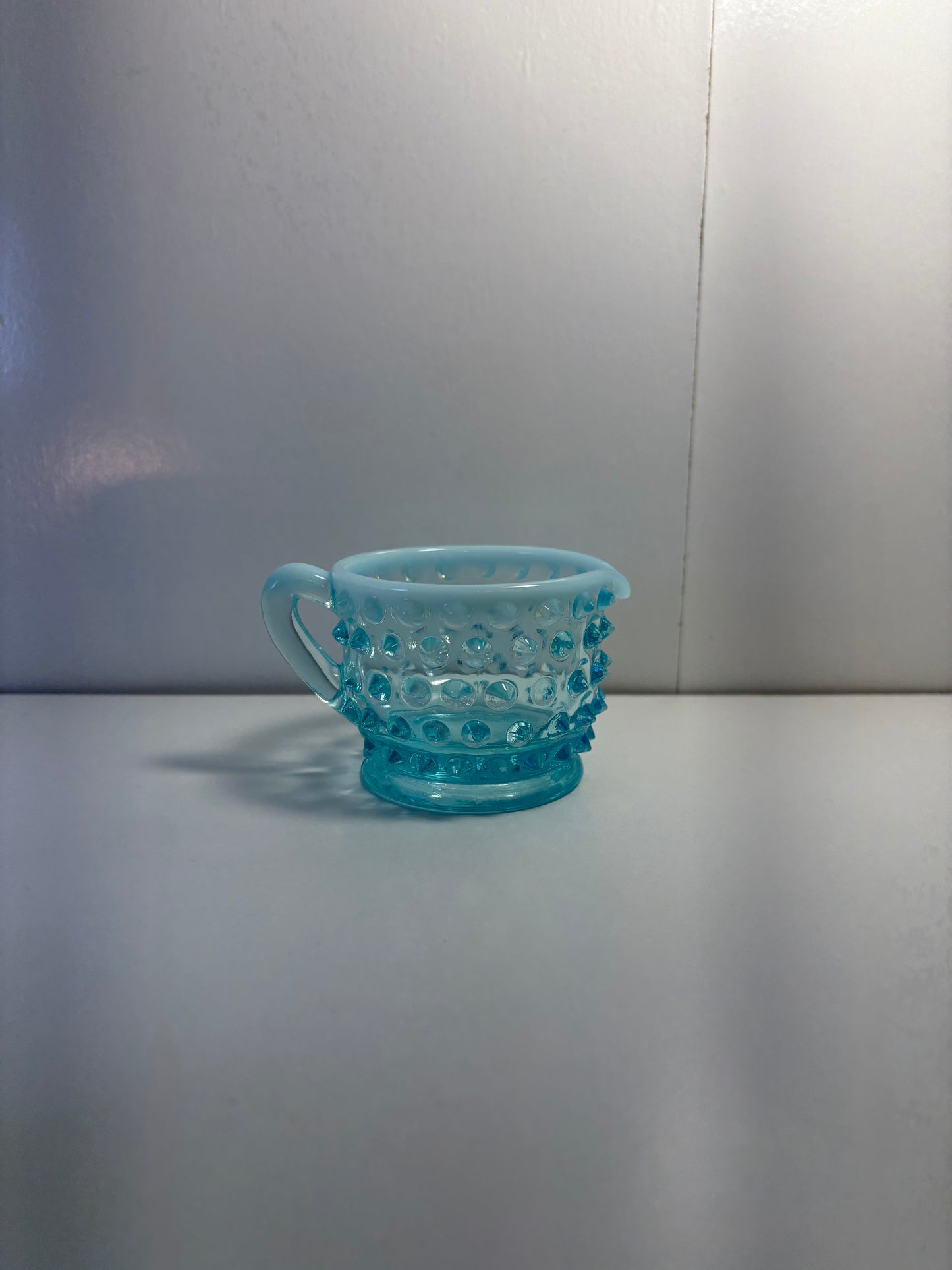 Vintage Fenton Blue Opalescent Hobnail Small Creamer and Sugar Set