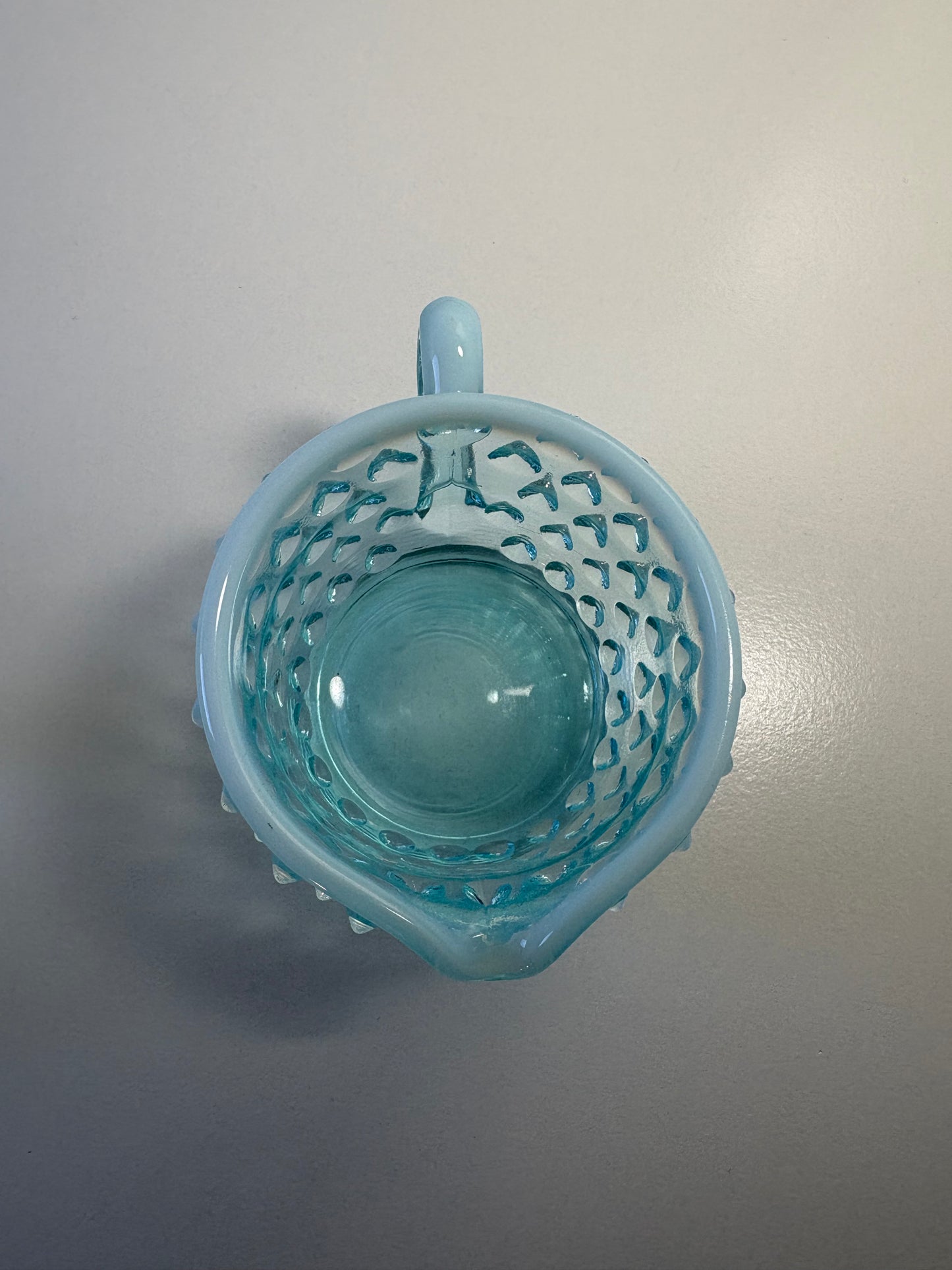 Vintage Fenton Blue Opalescent Hobnail Small Creamer and Sugar Set