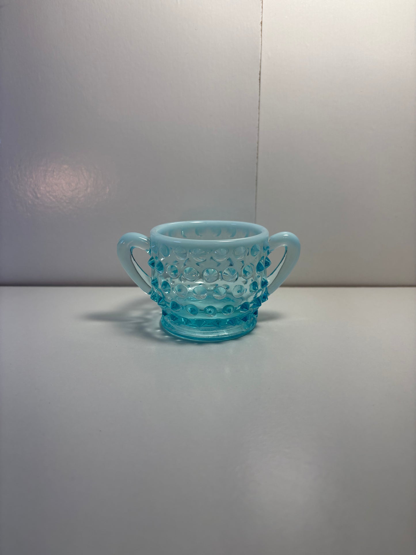 Vintage Fenton Blue Opalescent Hobnail Small Creamer and Sugar Set