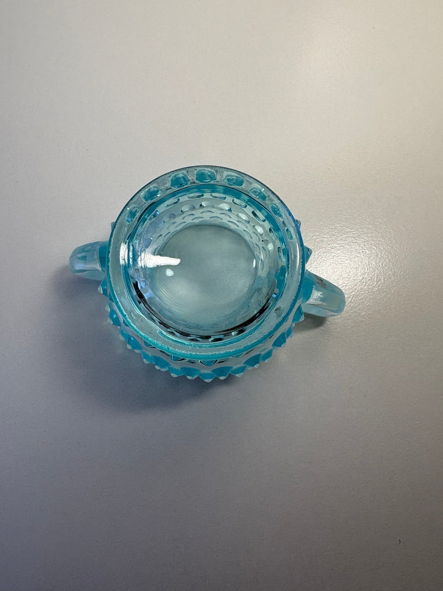 Vintage Fenton Blue Opalescent Hobnail Small Creamer and Sugar Set