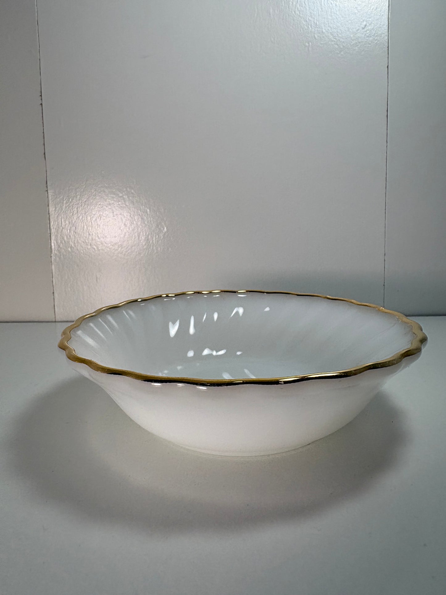 Anchor Hocking Fire King Swirl Gold Trim Milk Glass Bowl