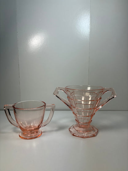 Vintage Pink Depression Glass Sugar Holder and Sugar Bowl