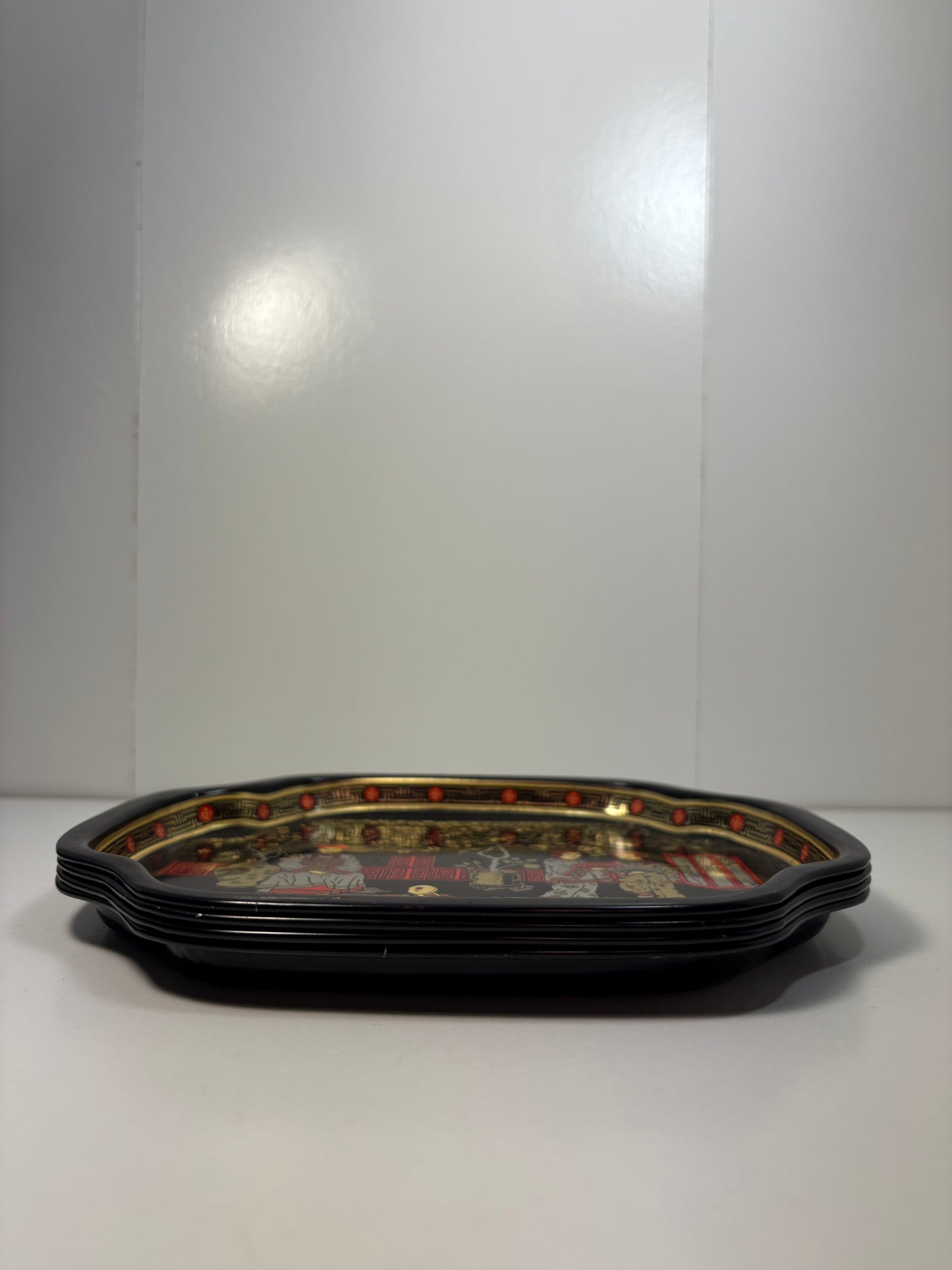 Lot of 4 Vintage Chinoiserie Garden Scene Black and Gold Metal Tole Tray
