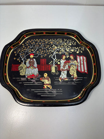 Lot of 4 Vintage Chinoiserie Garden Scene Black and Gold Metal Tole Tray