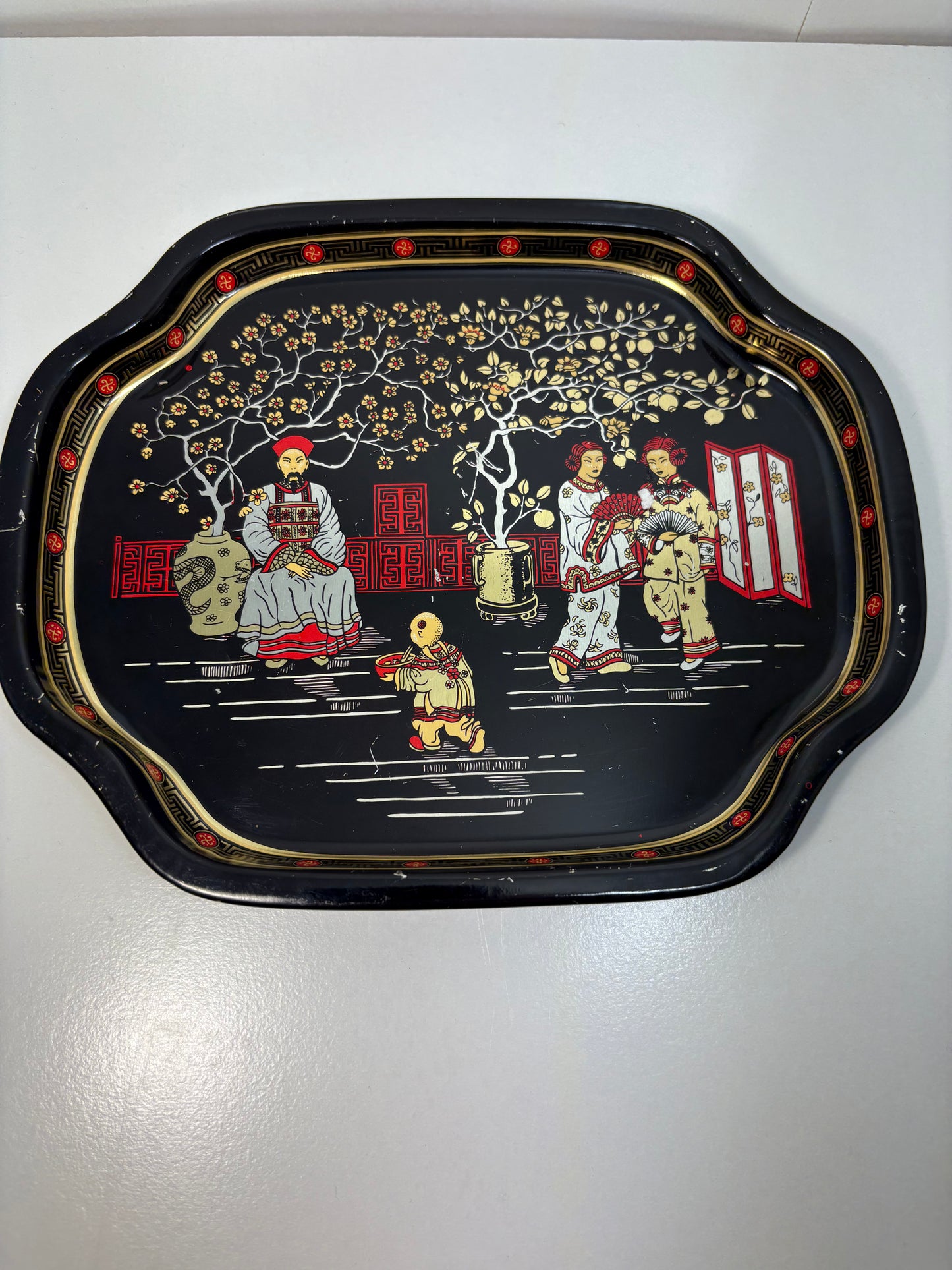 Lot of 4 Vintage Chinoiserie Garden Scene Black and Gold Metal Tole Tray