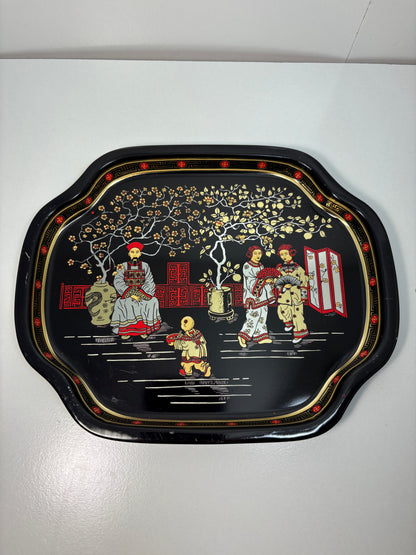 Lot of 4 Vintage Chinoiserie Garden Scene Black and Gold Metal Tole Tray