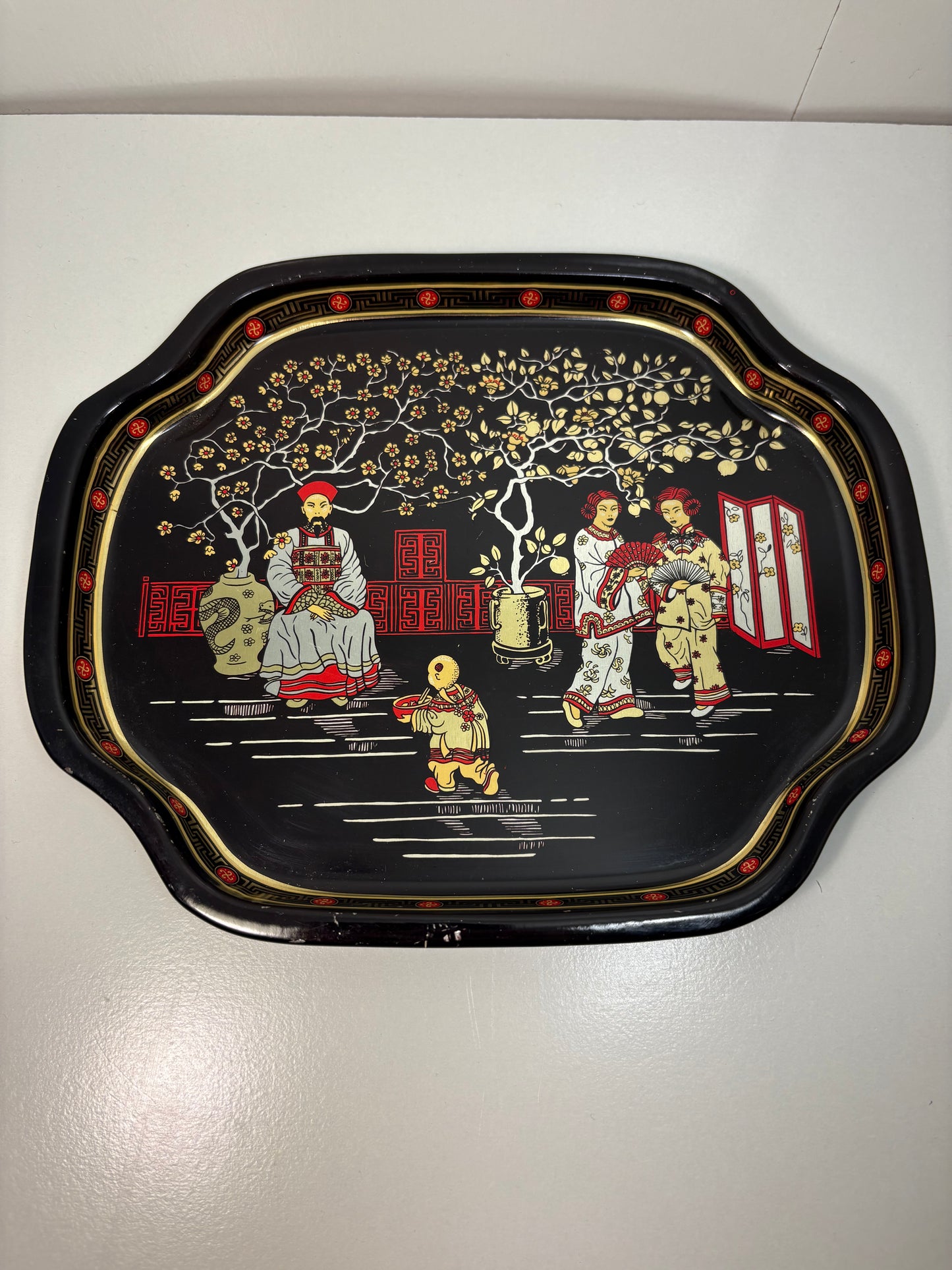 Lot of 4 Vintage Chinoiserie Garden Scene Black and Gold Metal Tole Tray