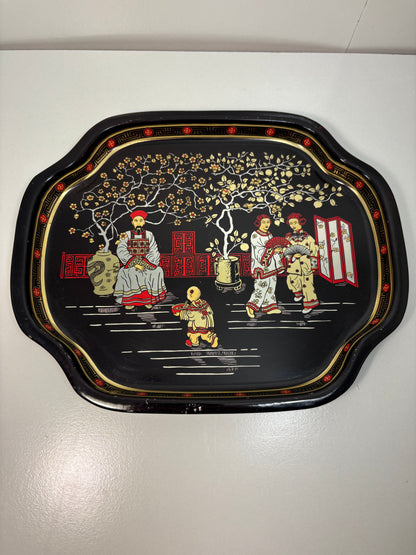 Lot of 4 Vintage Chinoiserie Garden Scene Black and Gold Metal Tole Tray