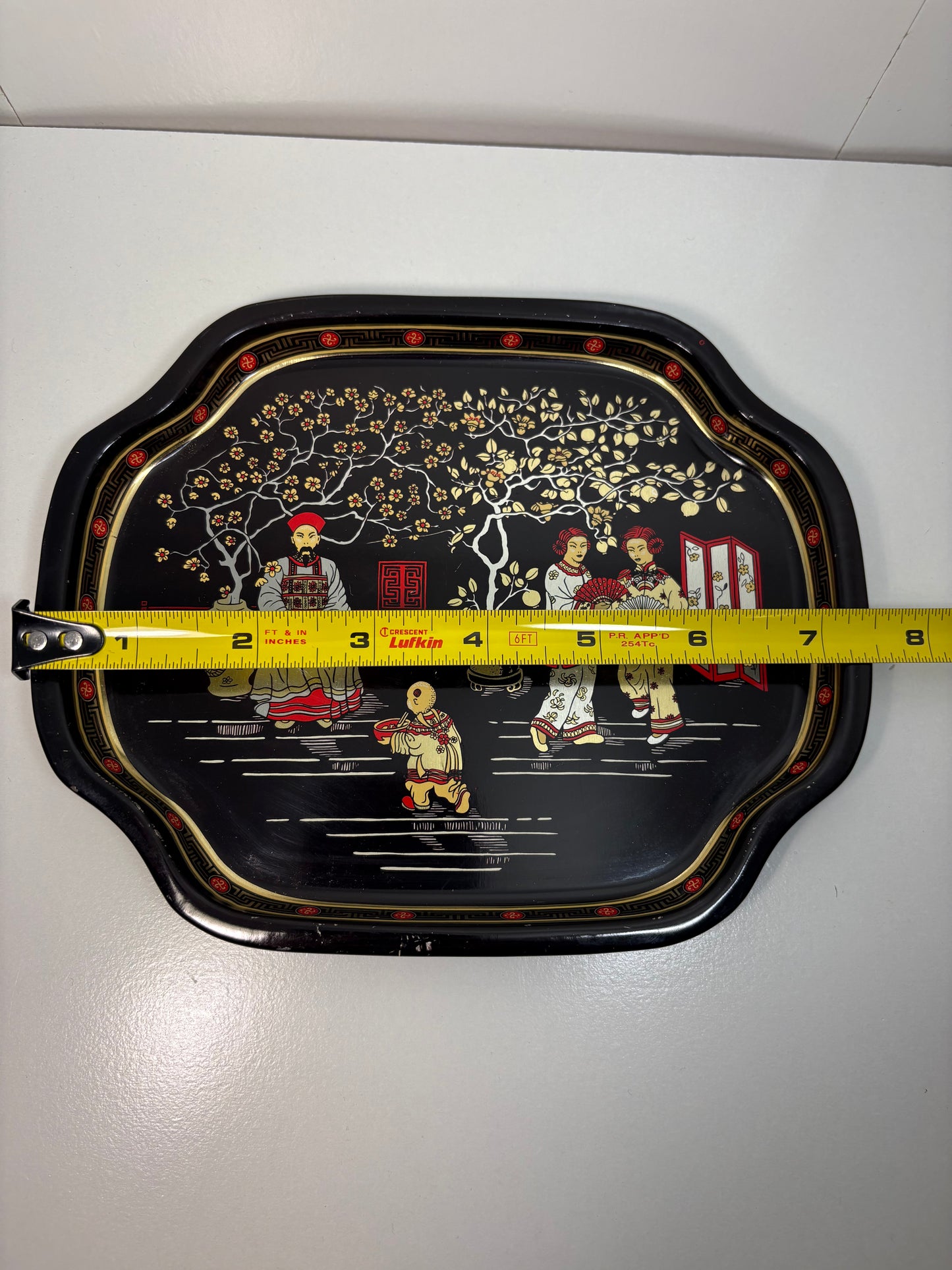 Lot of 4 Vintage Chinoiserie Garden Scene Black and Gold Metal Tole Tray