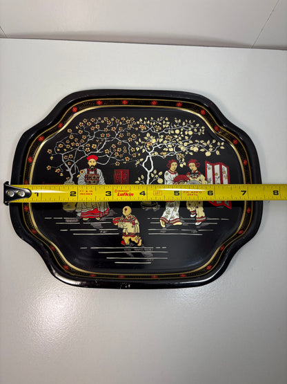Lot of 4 Vintage Chinoiserie Garden Scene Black and Gold Metal Tole Tray