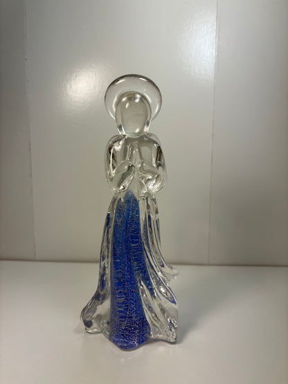Vintage Art Glass Praying Angel Figurine Clear with Blue Silver Fleck