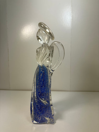 Vintage Art Glass Praying Angel Figurine Clear with Blue Silver Fleck