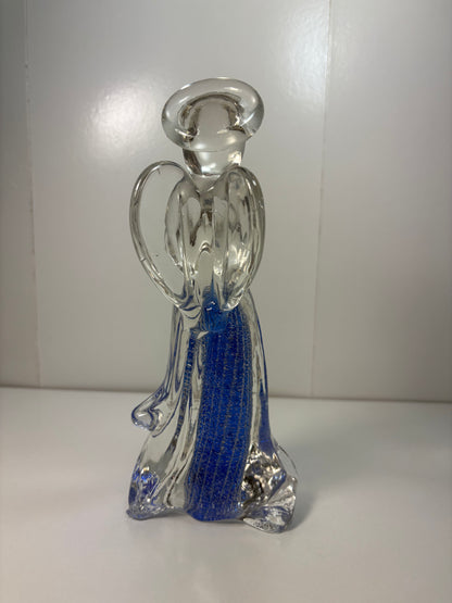 Vintage Art Glass Praying Angel Figurine Clear with Blue Silver Fleck