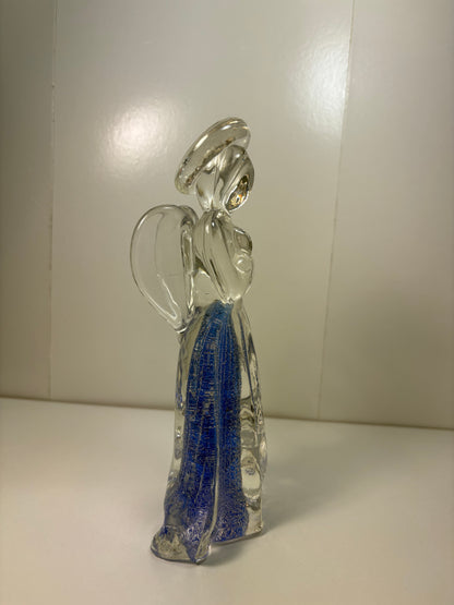 Vintage Art Glass Praying Angel Figurine Clear with Blue Silver Fleck