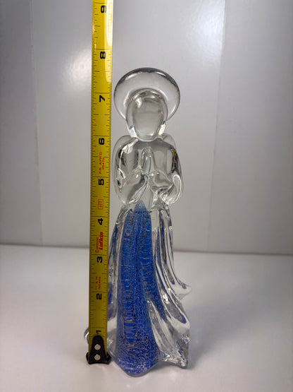 Vintage Art Glass Praying Angel Figurine Clear with Blue Silver Fleck