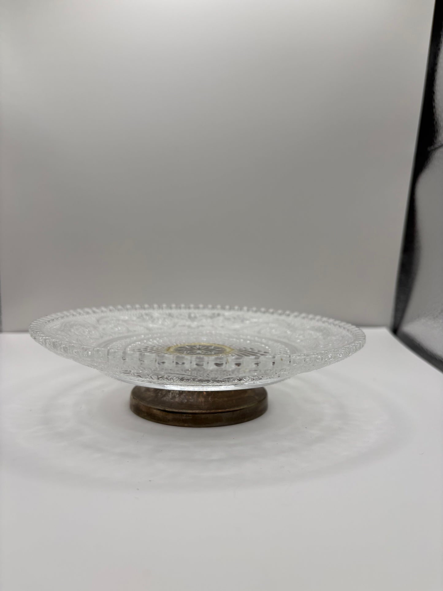 KIG Malaysia Clear Pressed Glass Pedestal Serving Dish with a Silver Plated Foot