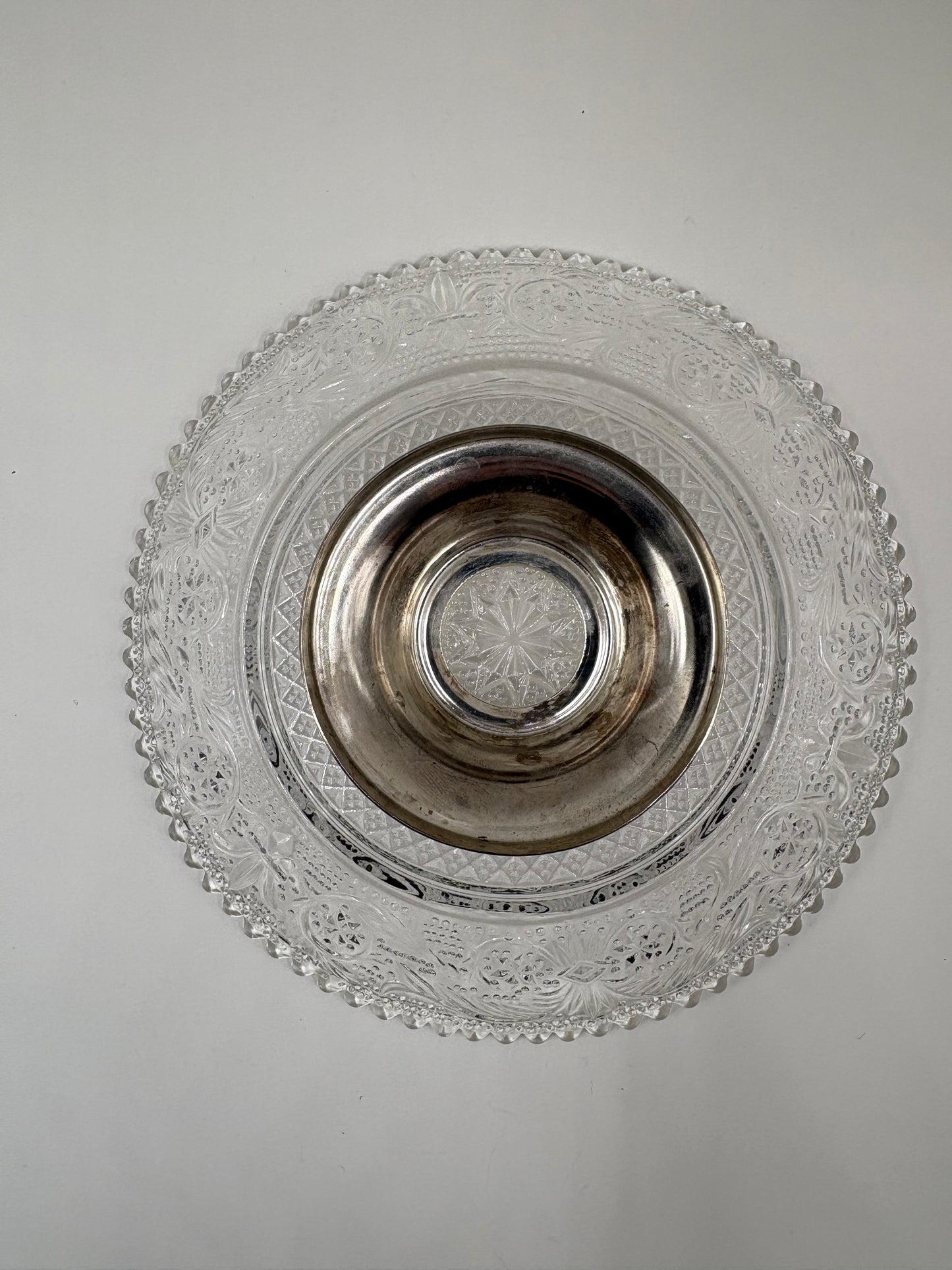 KIG Malaysia Clear Pressed Glass Pedestal Serving Dish with a Silver Plated Foot