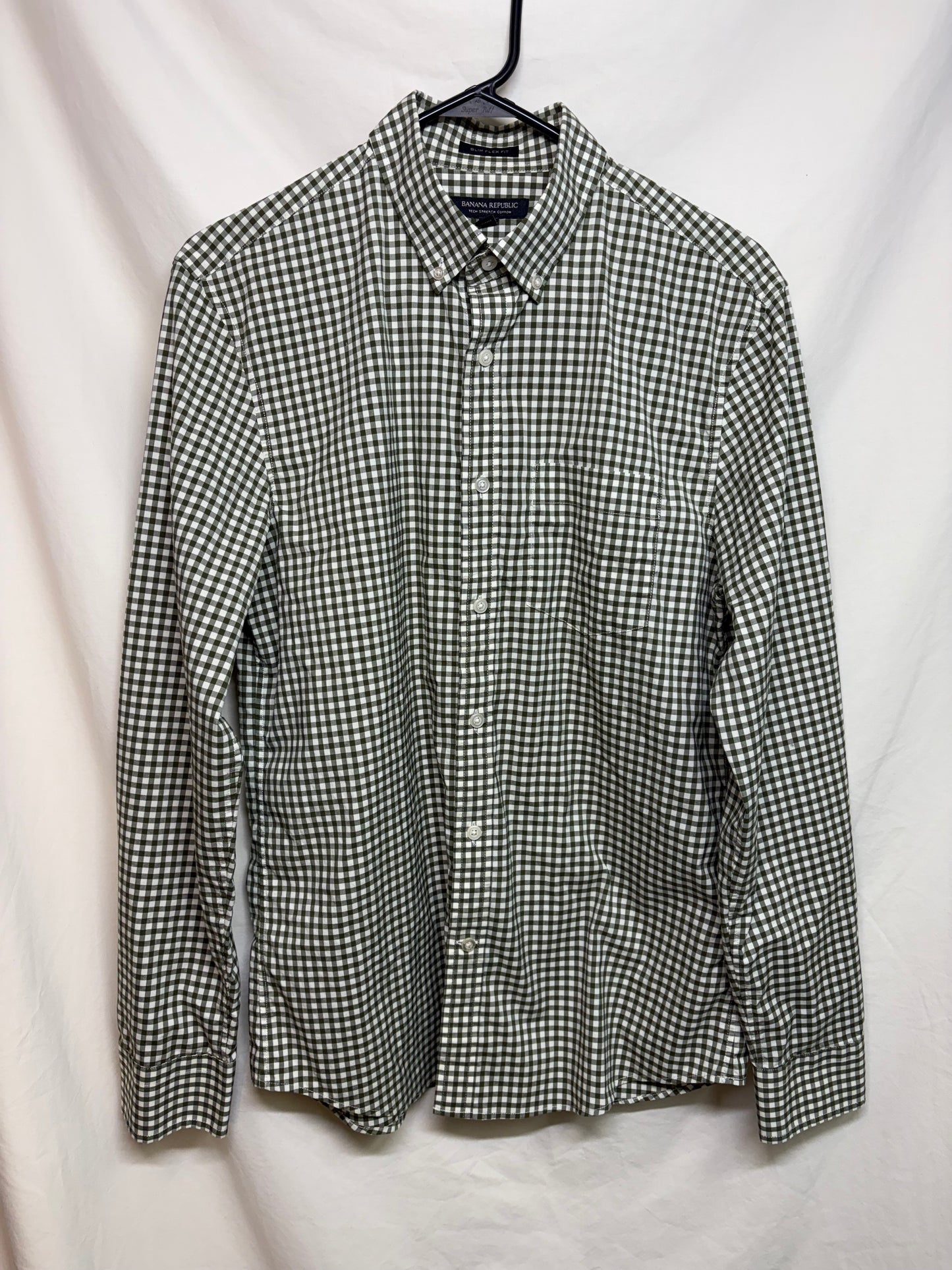Men's Banana Republic Slim Flex Fit Stretch Olive Green Plaid Shirt
