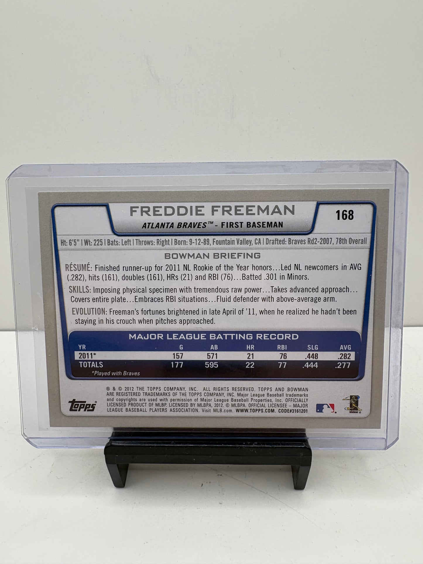 2012 Topps Bowman Freddie Freeman Gold Border Baseball Card